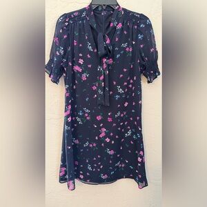 DKNY Navy Floral Chiffon Tie-Neck Dress, Sz 8 Petite